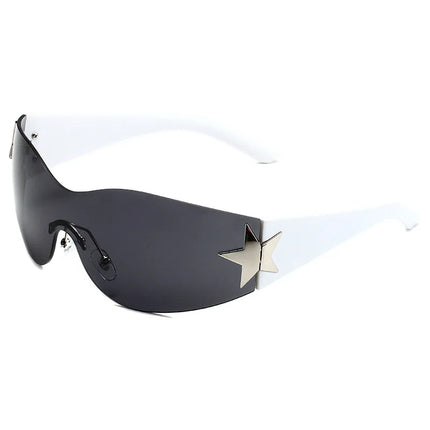 Women’s white star sunglasses with dark lenses and gold-tone side star detail