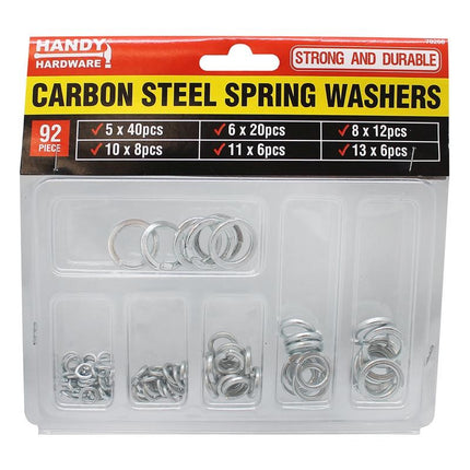 Carbon steel spring washer assortment, 92-piece set in clear plastic tray