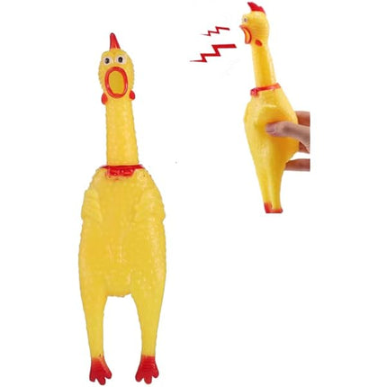 Yellow vinyl chicken toy with red beak, comb, and feet, standing upright.
