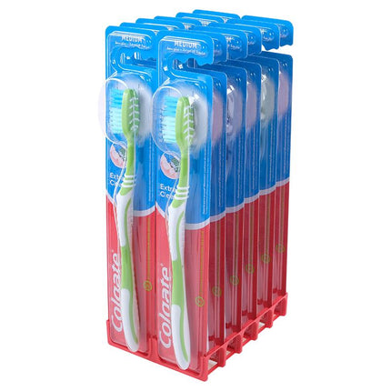 12-pack medium toothbrushes with blue bristles and Colgate branding on handles