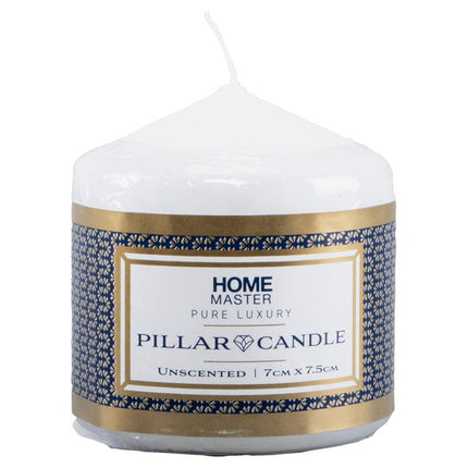 White unscented pillar candle, blue pattern label and gold band, 7cm x 7.5cm