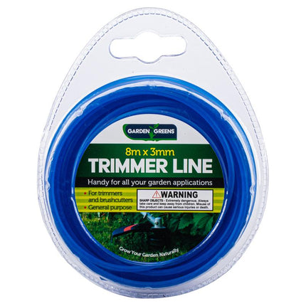 Blue nylon trimmer line coil, 8m x 3mm, in blister pack