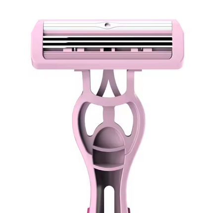 Triple-blade razor head with pink frame and gray comb guards