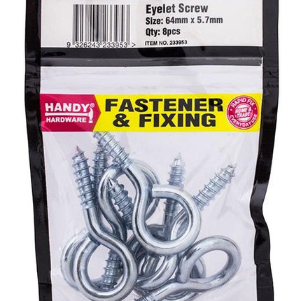Galvanized eyelet screws, 64mm, 8-pack