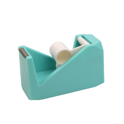 Teal tape dispenser holding a white tape roll for dispensing