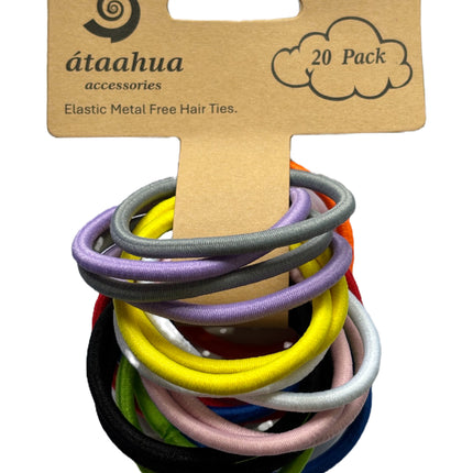 Thick metal-free elastic hair ties, assorted colors on a card backing