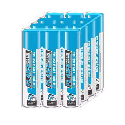 Flame Club 12-pack of 300ml universal butane gas cartridges, stacked