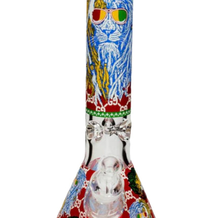 Blue lion graphic water beaker bong with red base, clear glass