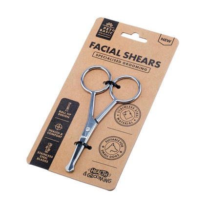 Facial shears retail pack with stainless blades, small dog grooming and health icons