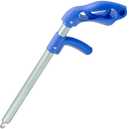 Blue and silver Jarvis Walker hook extractor with trigger grip and hook end
