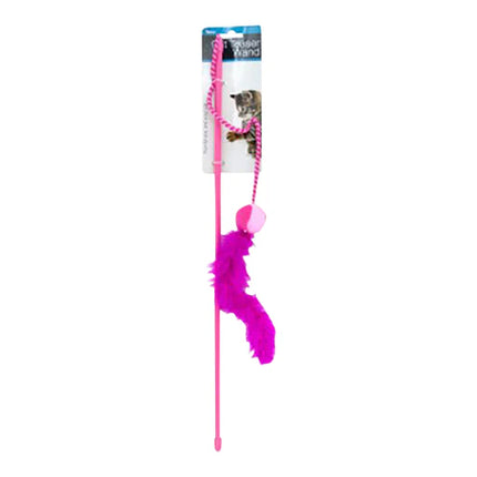 Pink cat wand with hanging pink fuzzy feather pom and string
