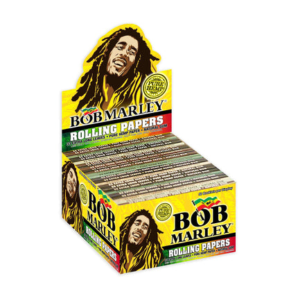 King-size rolling papers multipack, yellow Bob Marley box with multiple leaflets visible.