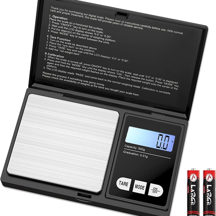 Digital pocket scale with stainless platform, blue LCD readout, and TARE/MODE controls in black.