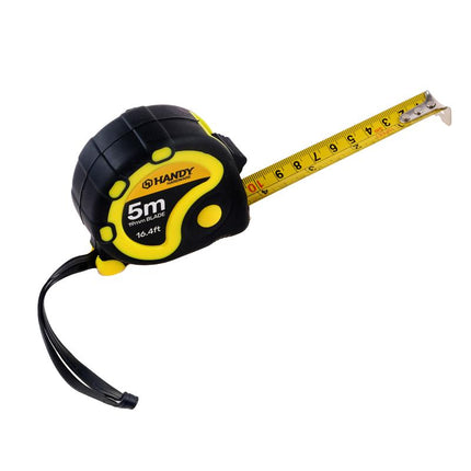 5m tape measure with extended yellow tape, metal end hook, and black case