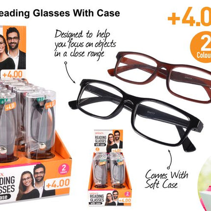 Unisex reading glasses +4.00 with soft case, red and black frames