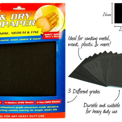 Wet and dry sandpaper kit, 12-piece set shown with multiple sheet sizes.