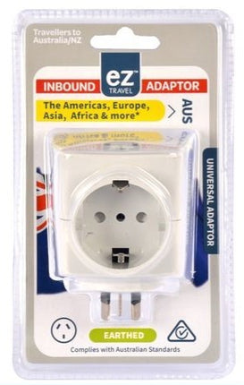 Ez Travel AU universal travel adaptor with earthed 3-pin socket, blister package