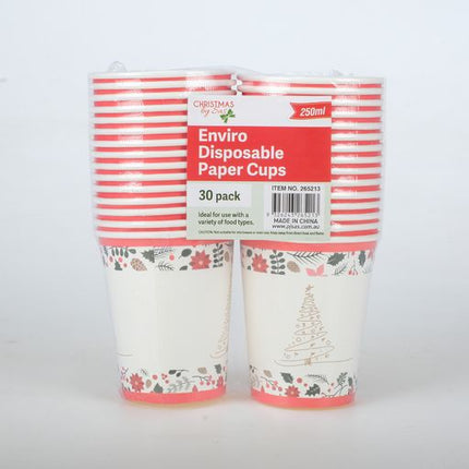 Pack of disposable paper cups, white with Christmas tree and holly prints, 250 ml