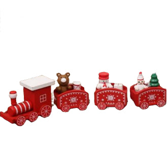 Red wooden Christmas train with Santa and tree figures, four cars