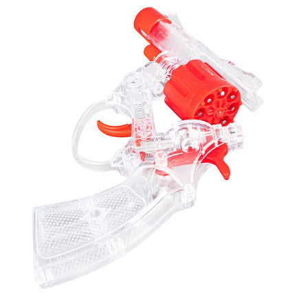 Toy cap gun with clear body, red top barrel, and textured grip