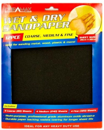 Wet and dry sandpaper kit packaging with 12 dark sheets for sanding.