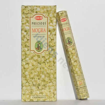 HEM Precious Mogra incense sticks package and sleeve, floral yellow theme, 120 count