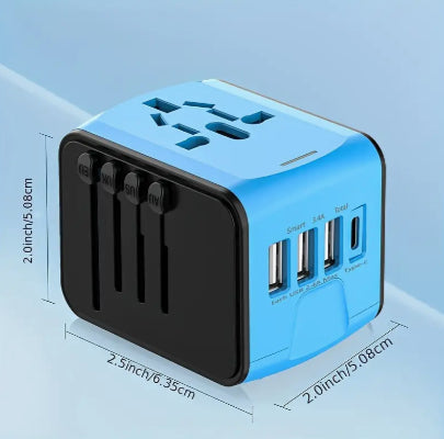 Blue and black travel adapter showing USB ports and size dimensions