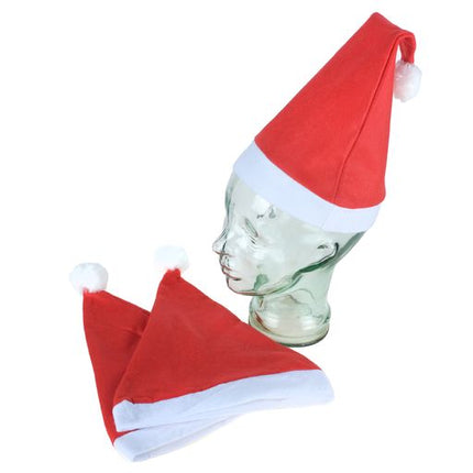 Red Santa hat with white brim and pom-pom, shown on a glass head