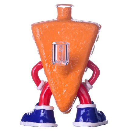 Front view orange pizza-slice glass water pipe with clear square chamber and red arms