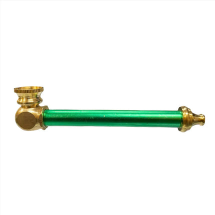 Long metal tobacco pipe in green with brass-colored mouthpiece and bowl