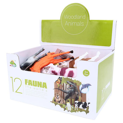 Set of 12 farm animal figurines in display box with Woodland Animals branding