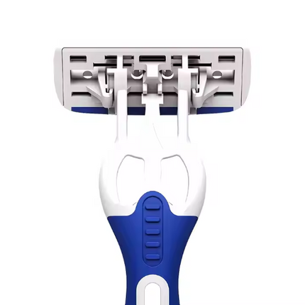 White razor handle with blue grip and exposed 3-blade cartridge top
