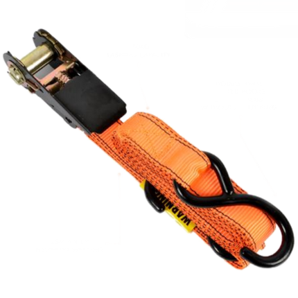 Orange polyester ratchet tie-down strap with metal ratchet and black end loop