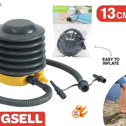 Foot pump with gray ribbed top, yellow base, gray hose, black nozzle tips