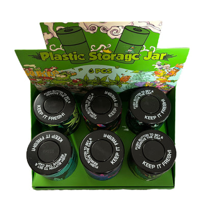 Set of 6 plastic storage jars with black lids on green display tray, centered view