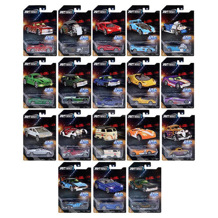 Assorted die-cast metal model cars in blister packs with multiple vehicle colors