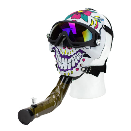 Acrylic water pipe mask with white skull graphic, colorful trim, rainbow goggles, green pipe