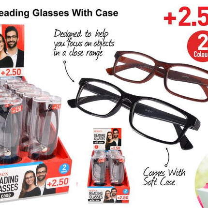 Unisex reading glasses with soft case, +2.50, dark and red frames