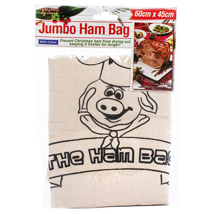 Jumbo Christmas ham bag (60cm x 45cm) with pig face print, shown in retail pack