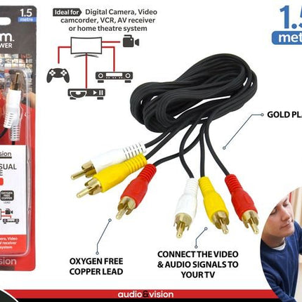 3-RCA audio-visual cable set, 1.5m, with gold-plated red, white, yellow plugs