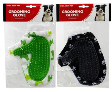 Pet grooming glove with silicone nubs, green and black paw-print versions in package