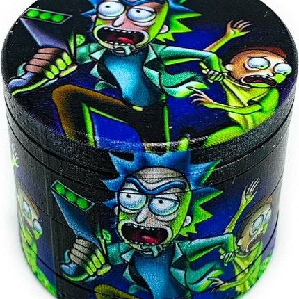 Round alloy herb grinder with Rick and Morty character artwork, black body