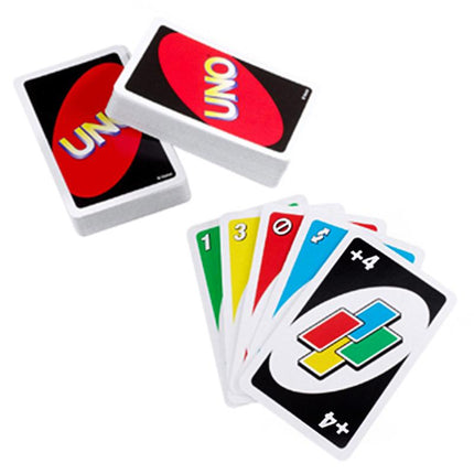 UNO playing cards fan with stacked decks and a hand holding colorful number cards