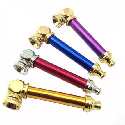 Metal tobacco pipe set close-up with gold bowls on purple, blue, red, and gold stems