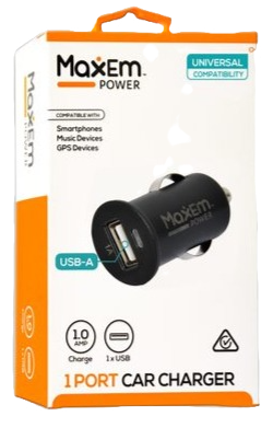 Black 1-port car charger with USB-A port, shown on retail packaging