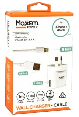 AC wall charger with 8-pin iPhone cable, boxed with USB-A port