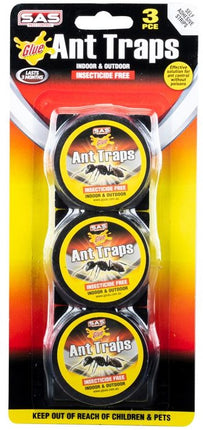3-pack ant traps with circular bait discs in blister package