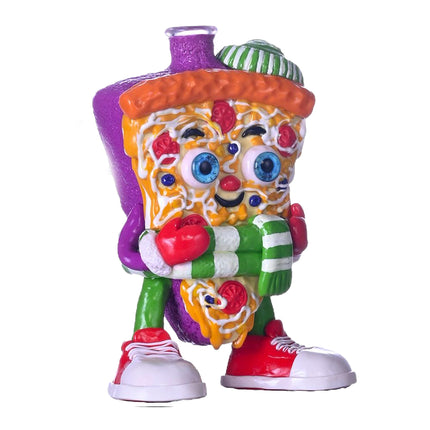 Colorful glass water pipe shaped like a pizza character with a purple base.