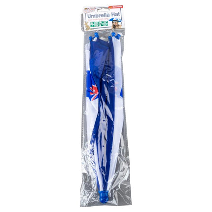 Umbrella hat accessory in retail package, blue-and-white Australian flag design
