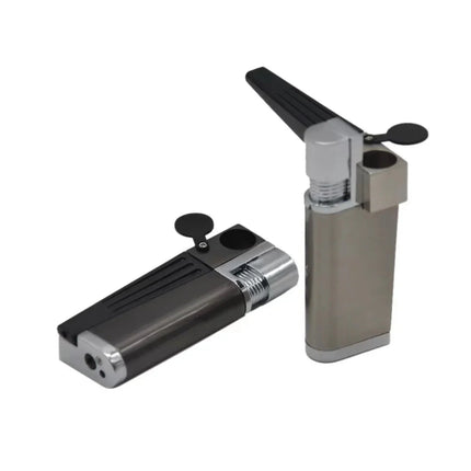 Silver windproof lighter with black lever, round cap, and ignition window